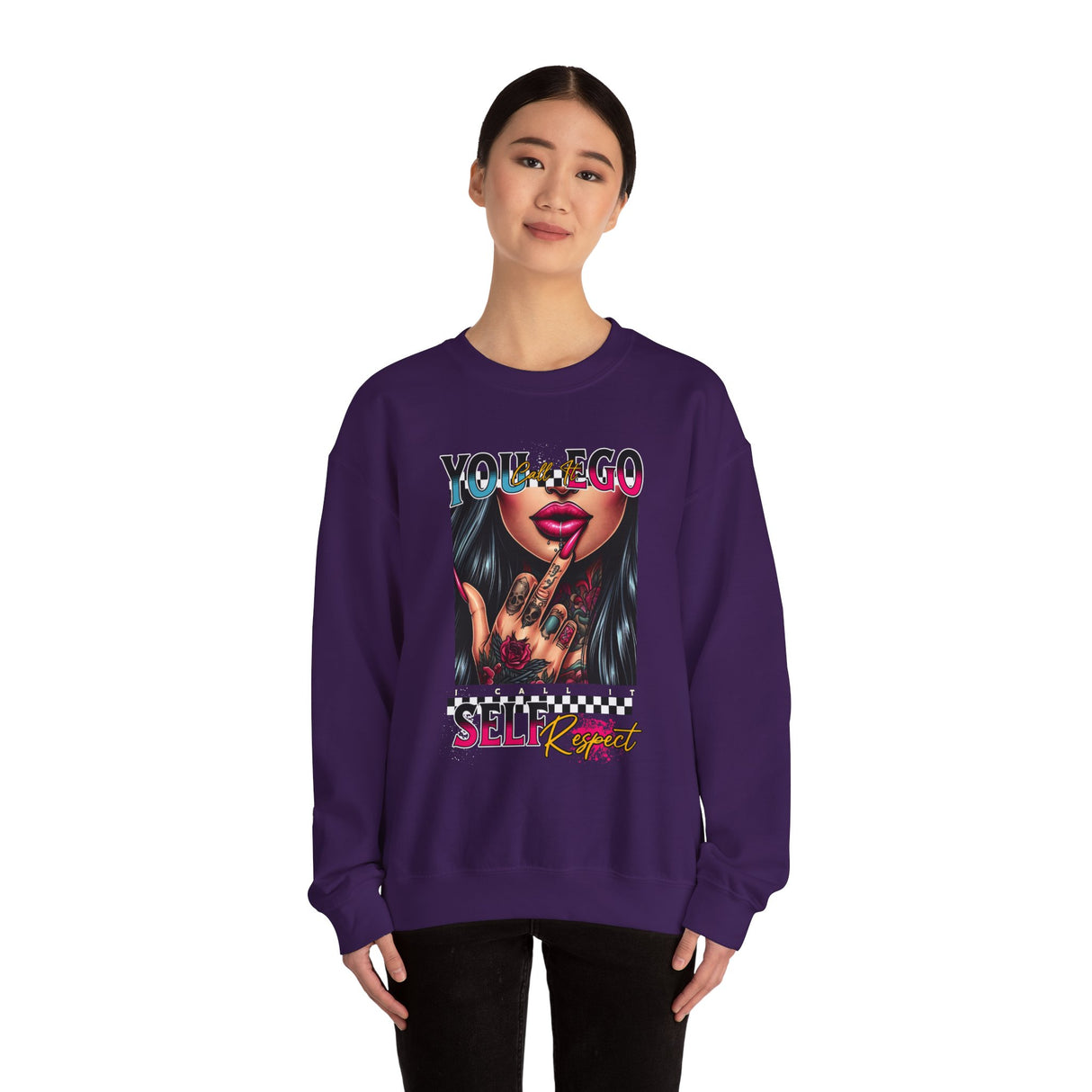 You Ego, Self Respect sweatshirt | Graphic woman flipping middle finger, neon text