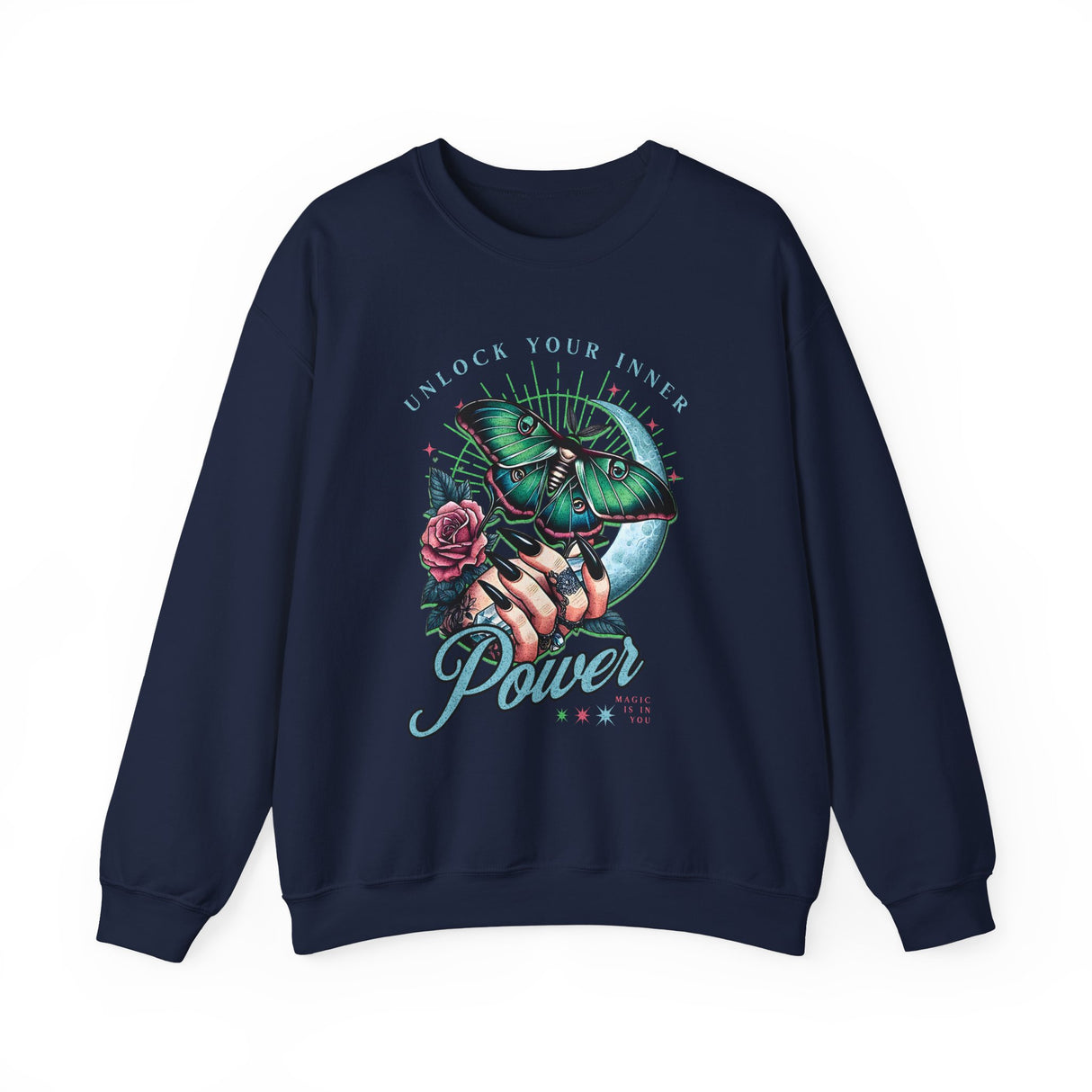 Unlock Your Inner Power crewneck sweatshirt | Moth, rose, moon illustration