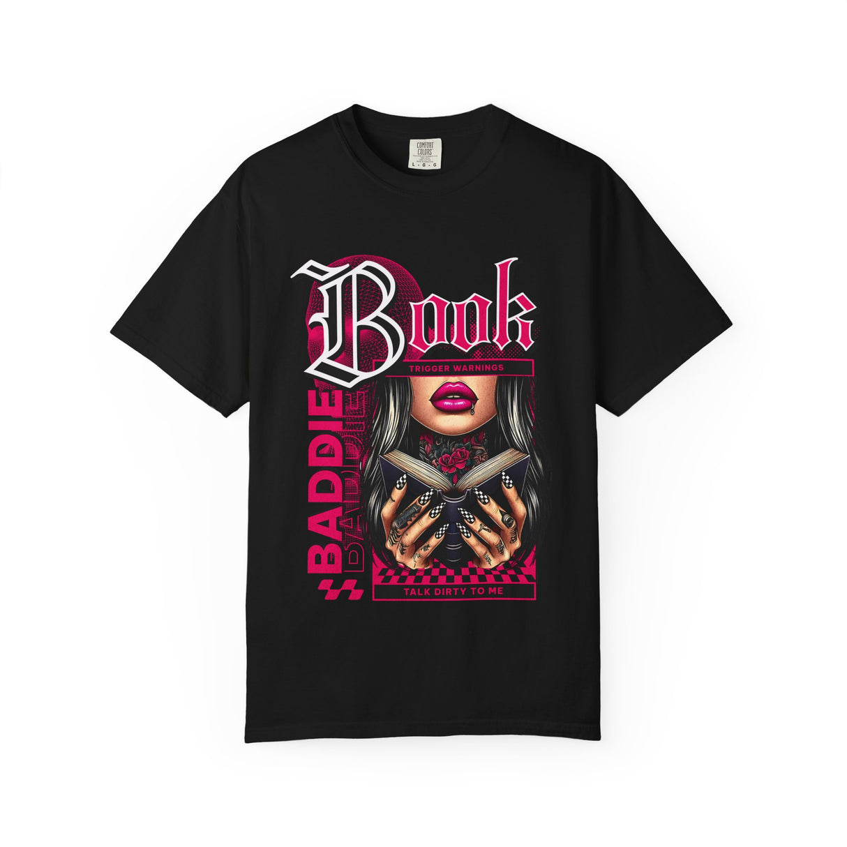 Baddie Book Graphic T-Shirt | Gothic Lip Art, Reading Girl Design