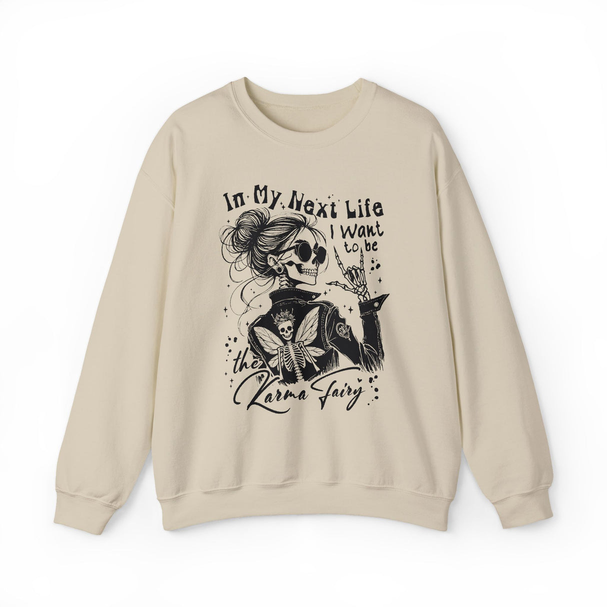Karma Fairy Skeleton Illustration Crewneck Sweatshirt | Goth Skull Art, Boho Butterfly