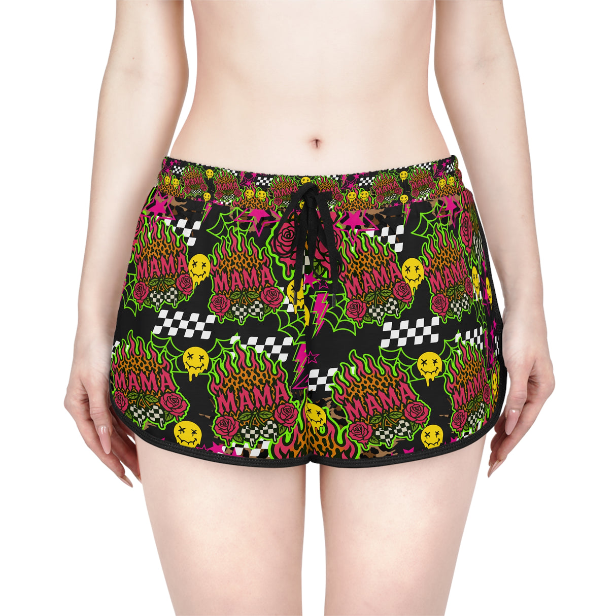 Women's Relaxed Skull Print Shorts - Mama with Flames & Goth Collage