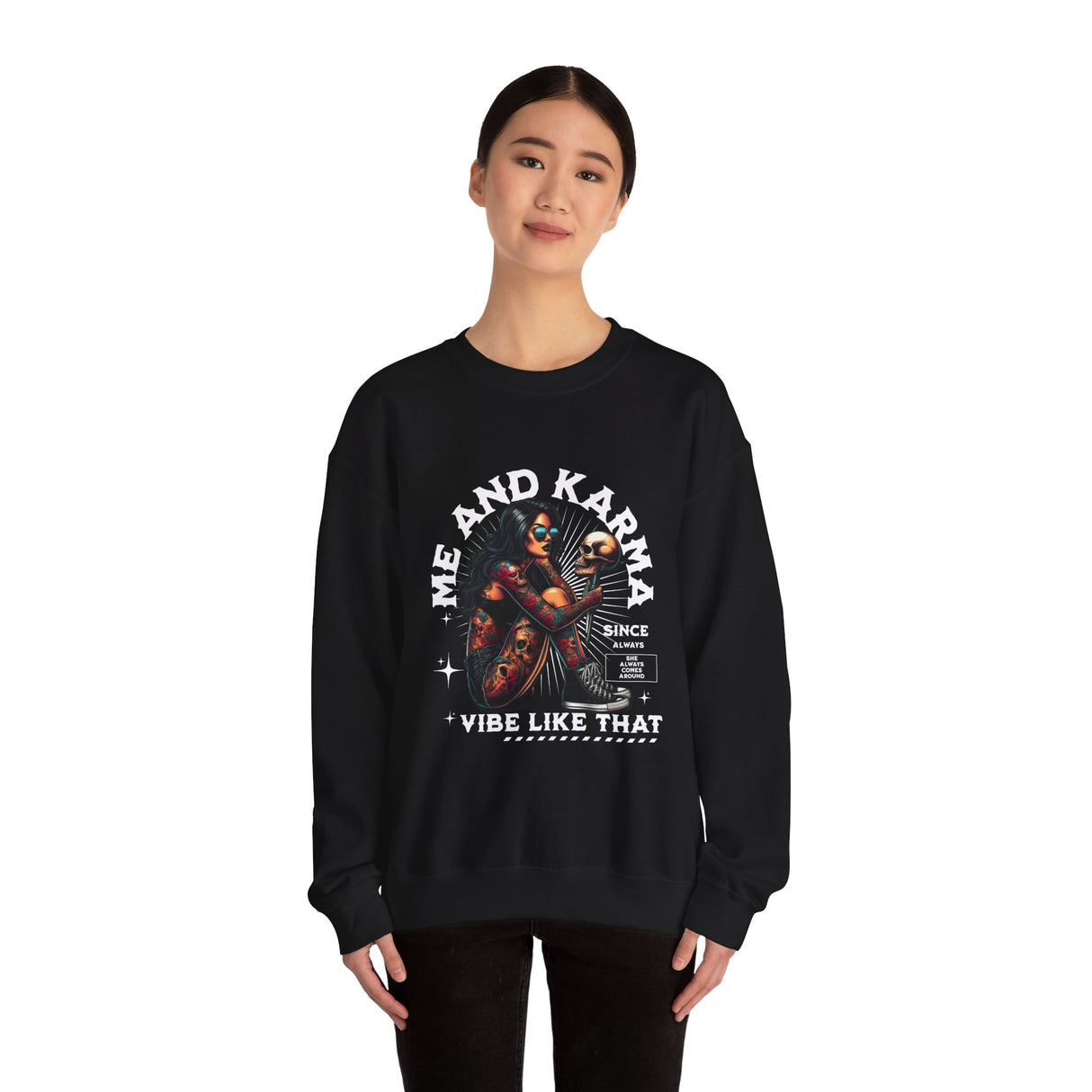 Me and Karma skull woman illustration Crewneck Sweatshirt | Vibe Like That