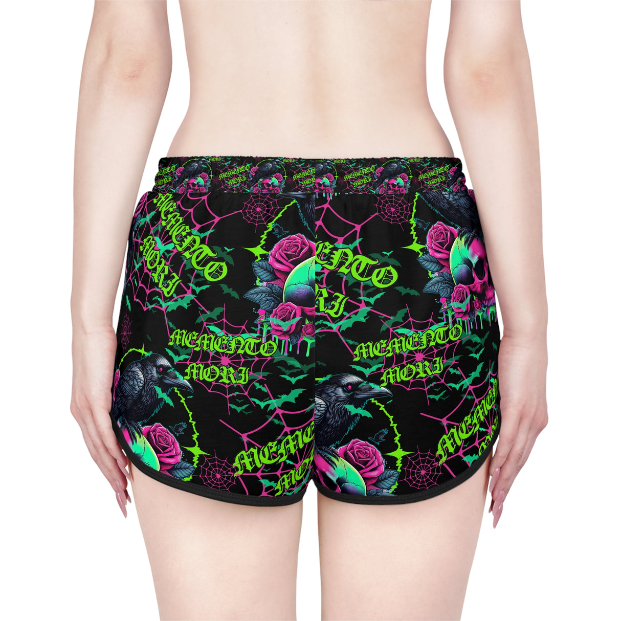 Women's Relaxed Skull Print Shorts - Memento Mori with a Raven