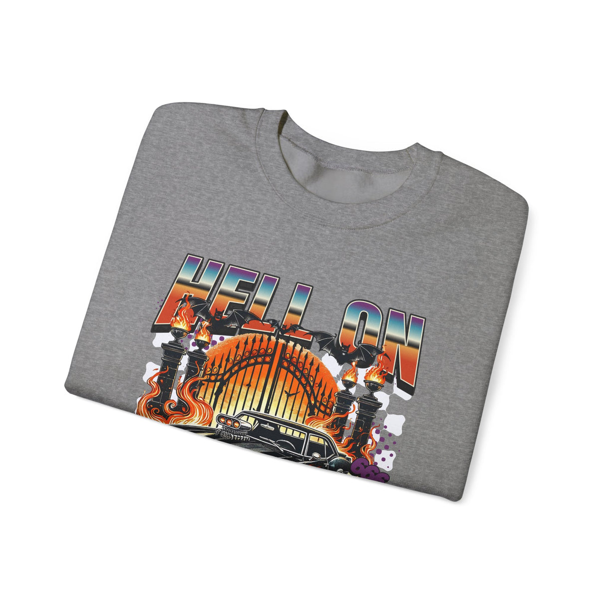 Hell on Wheels car graphic Sweatshirt | retro muscle car, flaming gates, vintage racing