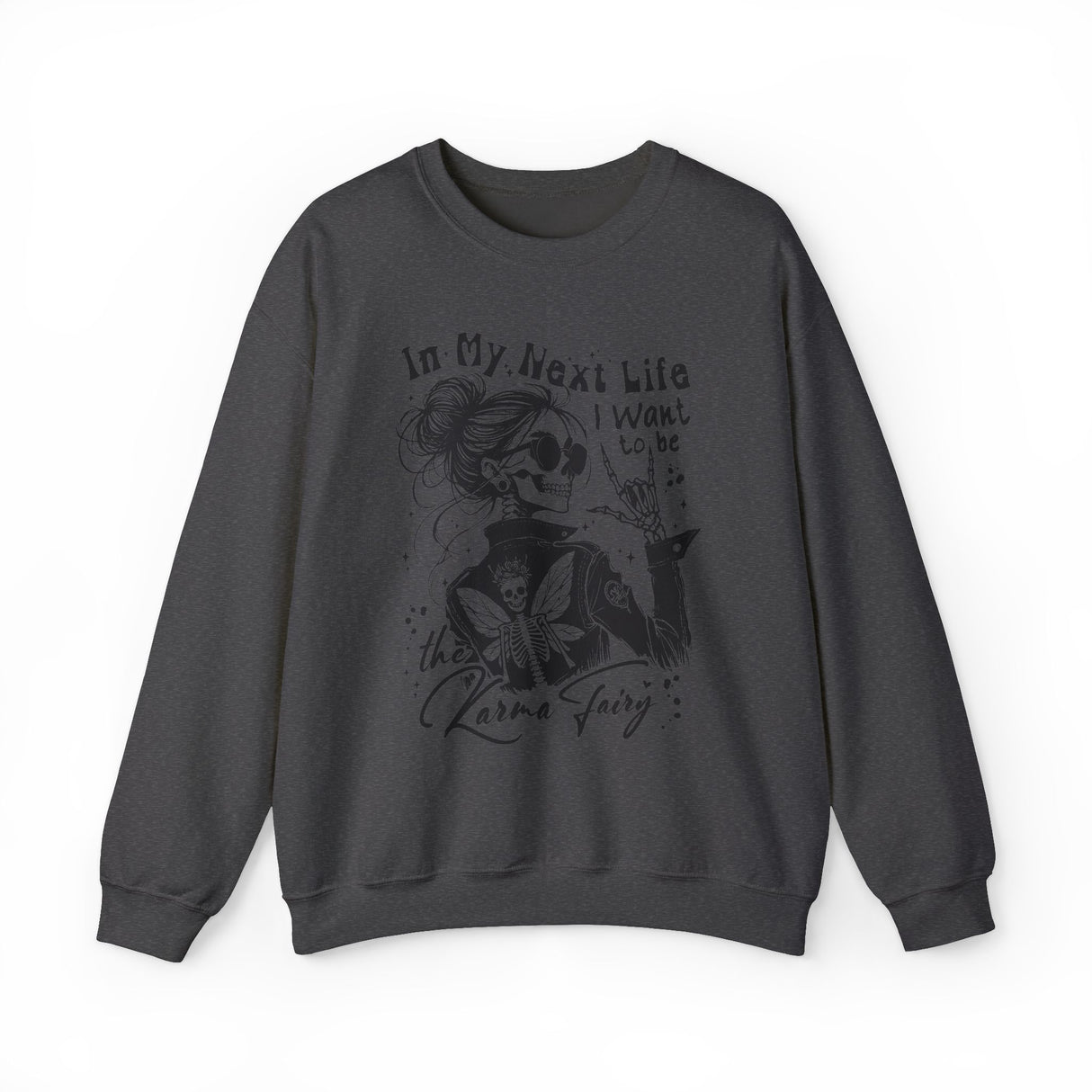 Karma Fairy Skeleton Illustration Crewneck Sweatshirt | Goth Skull Art, Boho Butterfly