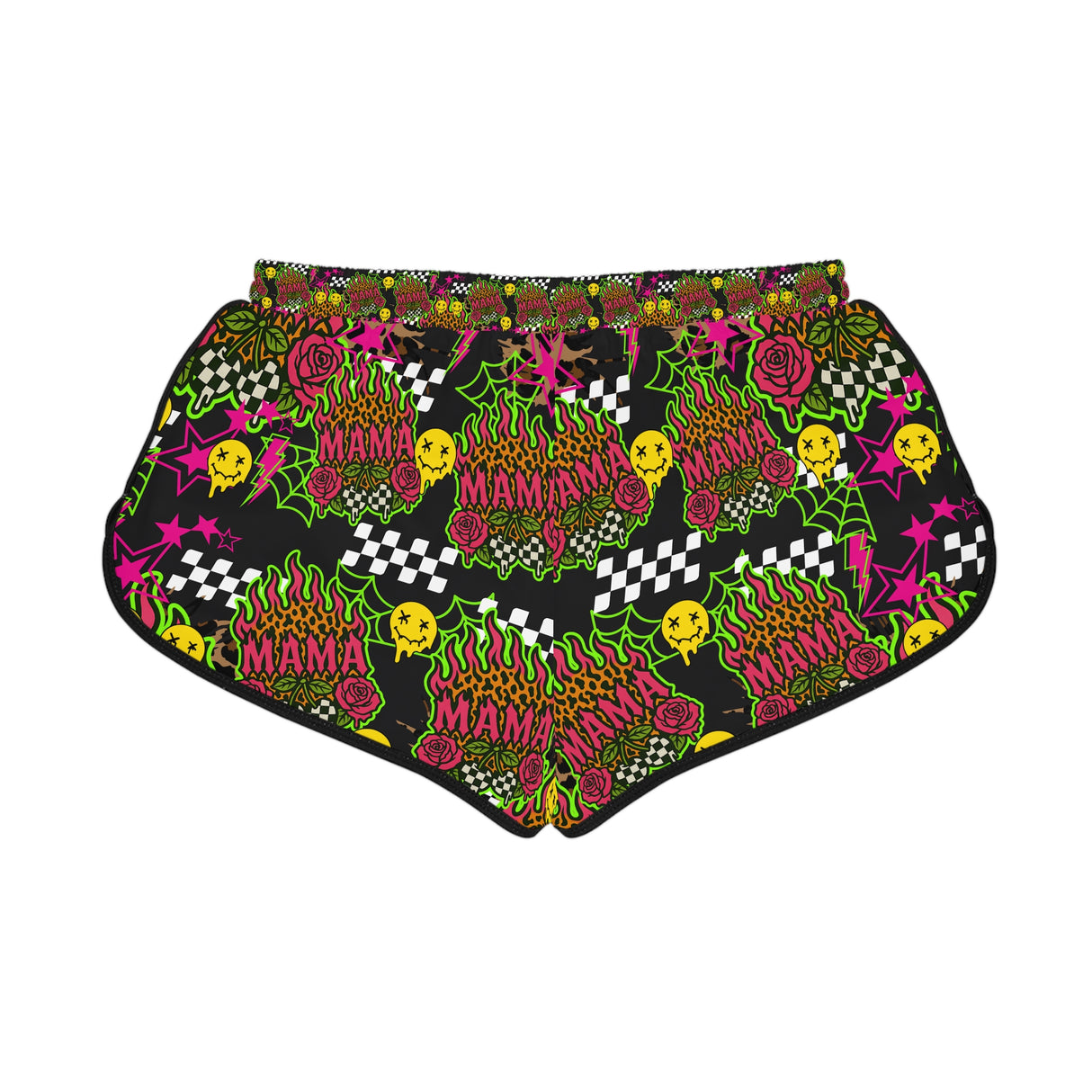 Women's Relaxed Skull Print Shorts - Mama with Flames & Goth Collage