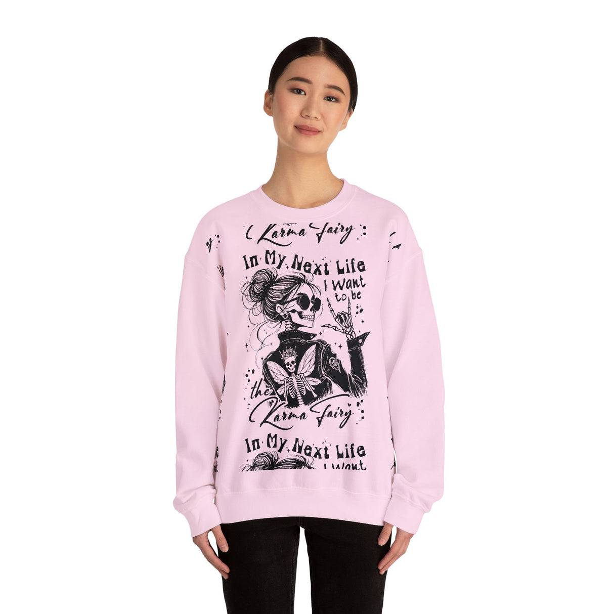 Karma Fairy Skeleton Illustration Crewneck Sweatshirt | Goth Skull Art, Boho Butterfly