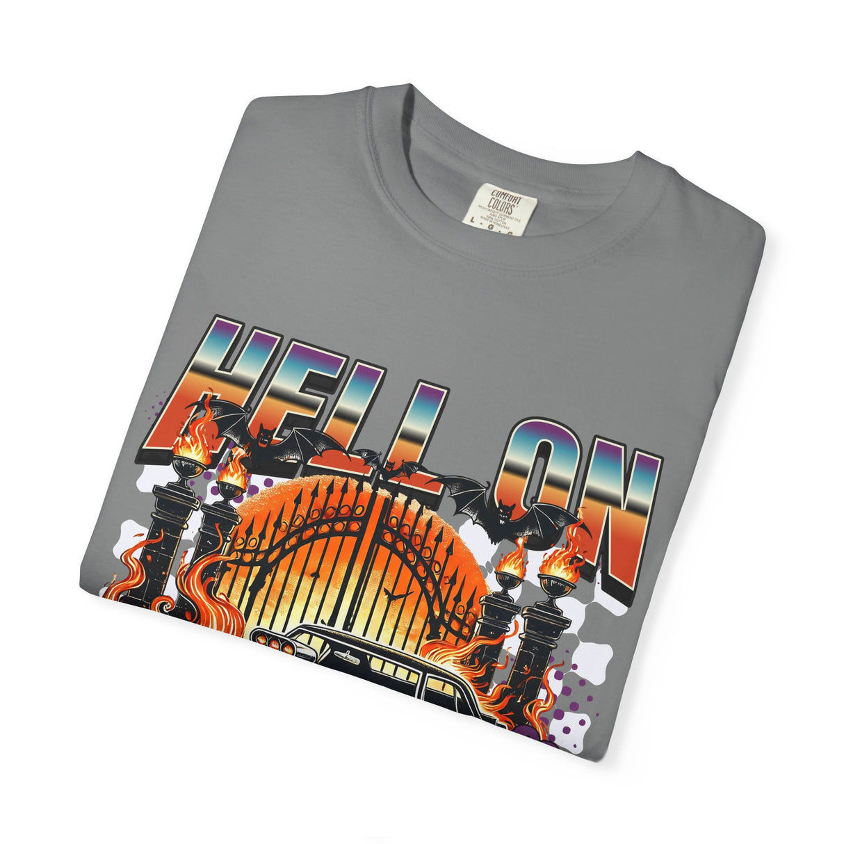 Hell on Wheels car graphic T-Shirt | vintage muscle car, gate and flames