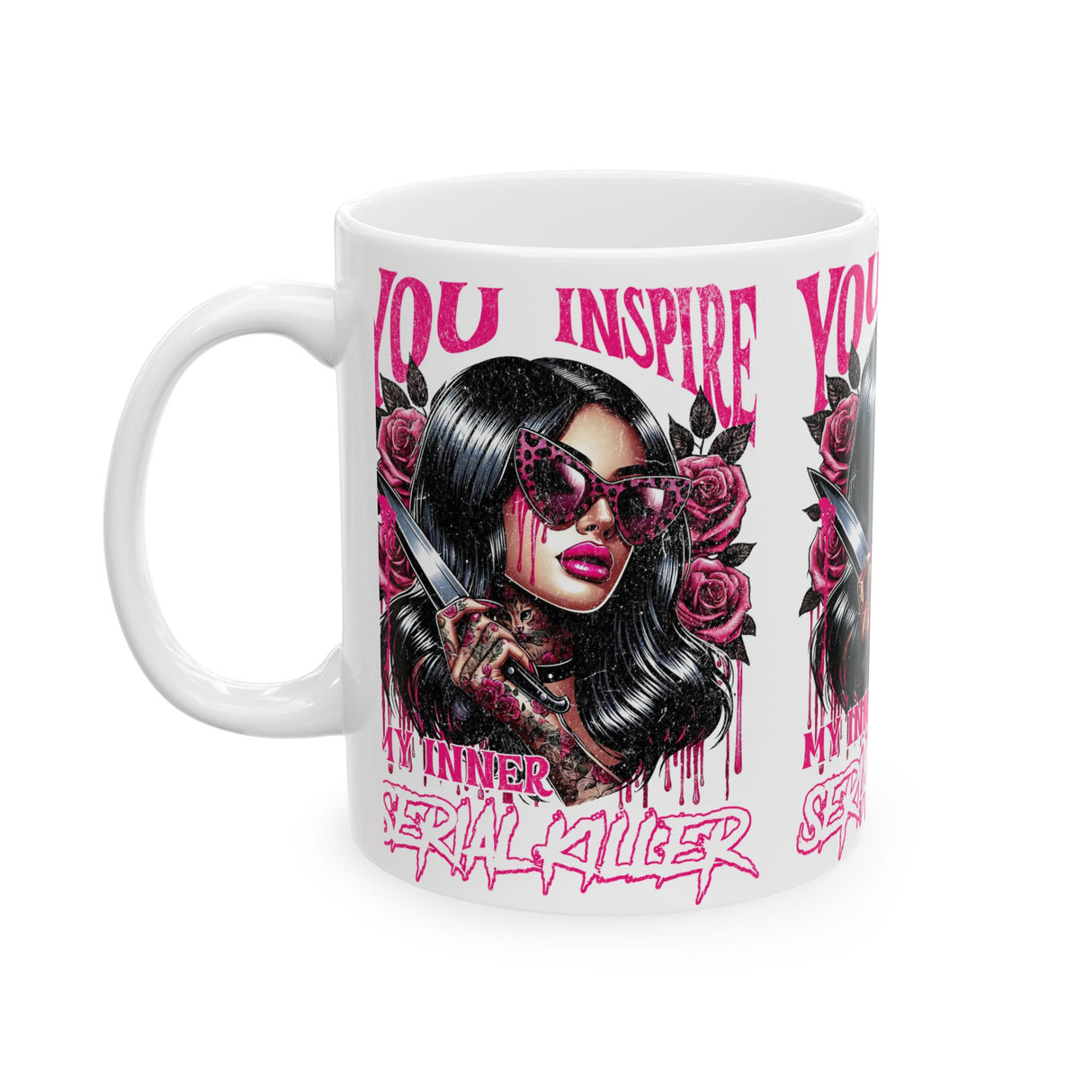 Bold Horror-Themed Ceramic Mug – "You Inspire My Inner Serial Killer" – Perfect for Halloween or Gifting