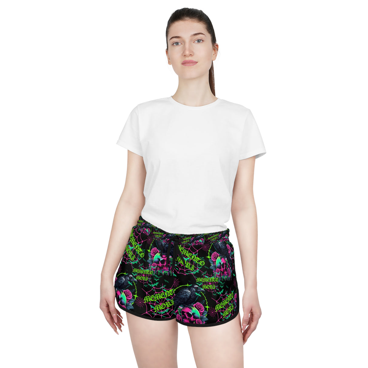 Women's Relaxed Skull Print Shorts - Memento Mori with a Raven