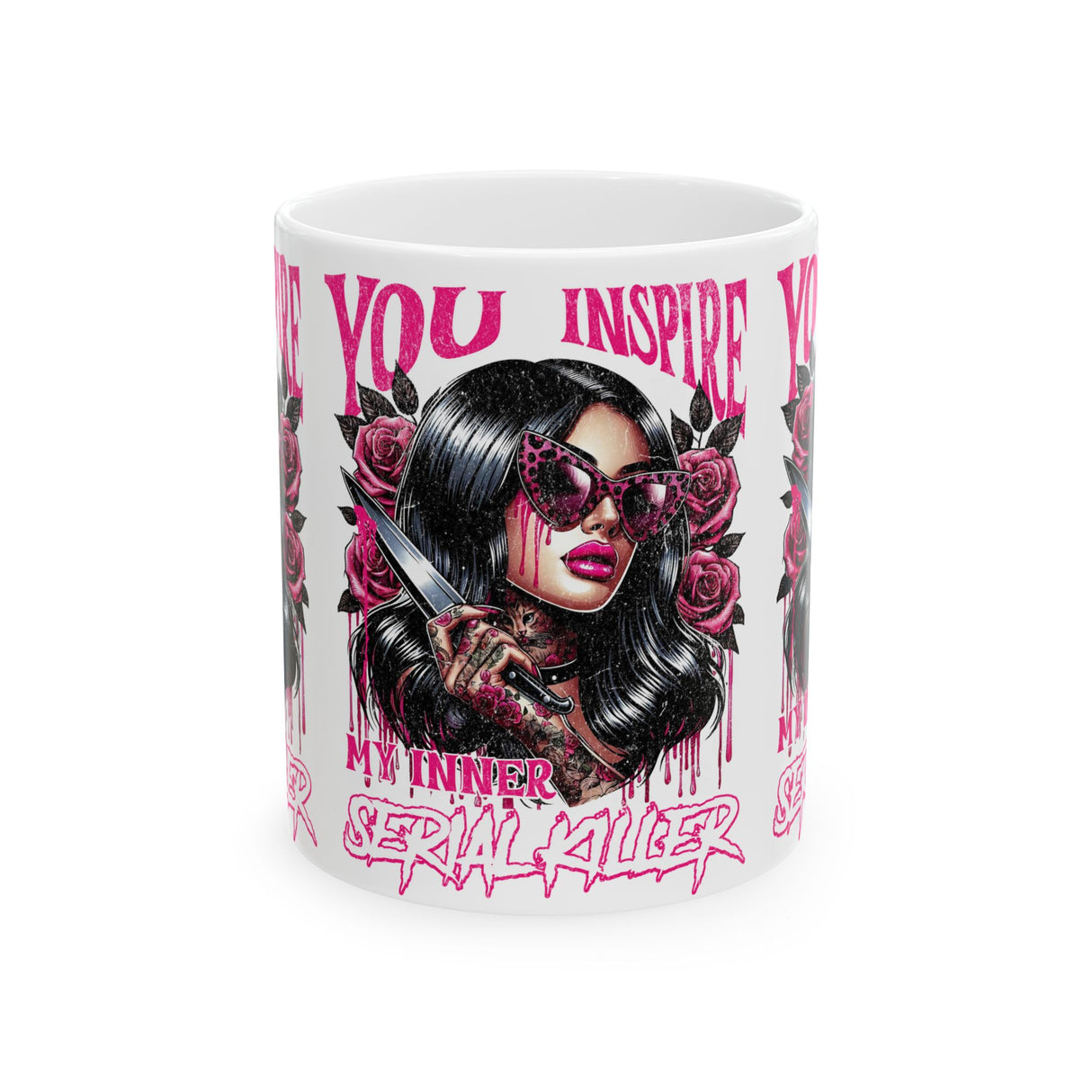 Bold Horror-Themed Ceramic Mug – "You Inspire My Inner Serial Killer" – Perfect for Halloween or Gifting