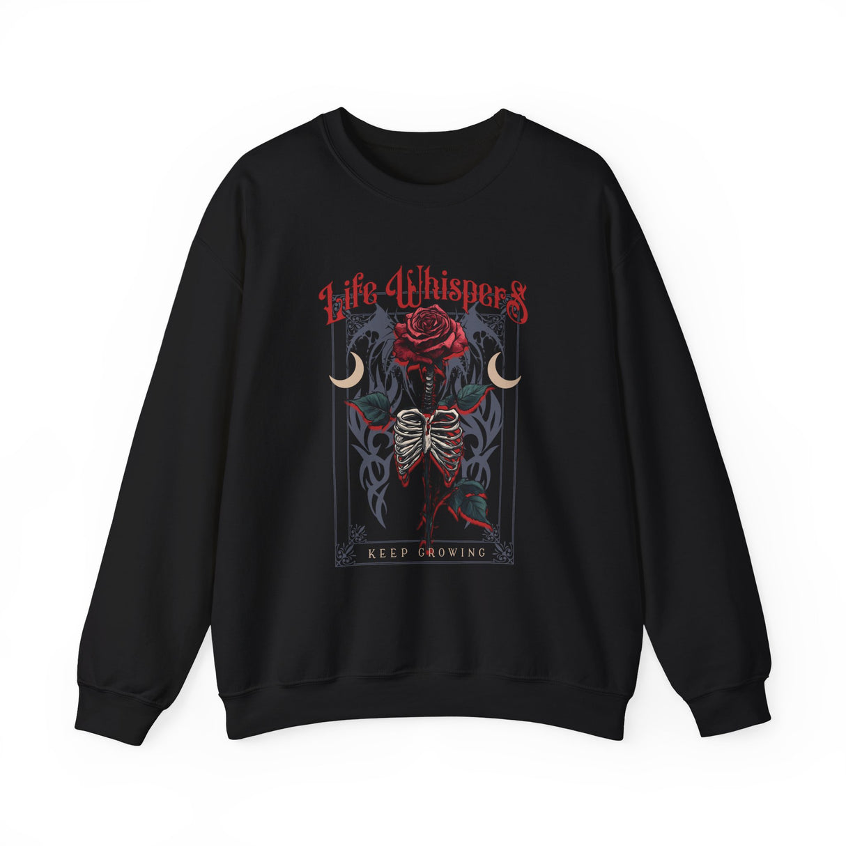 Life Whispers Keep Going Rose Skeleton Chest Crewneck Sweatshirt | Gothic Moon Graphic
