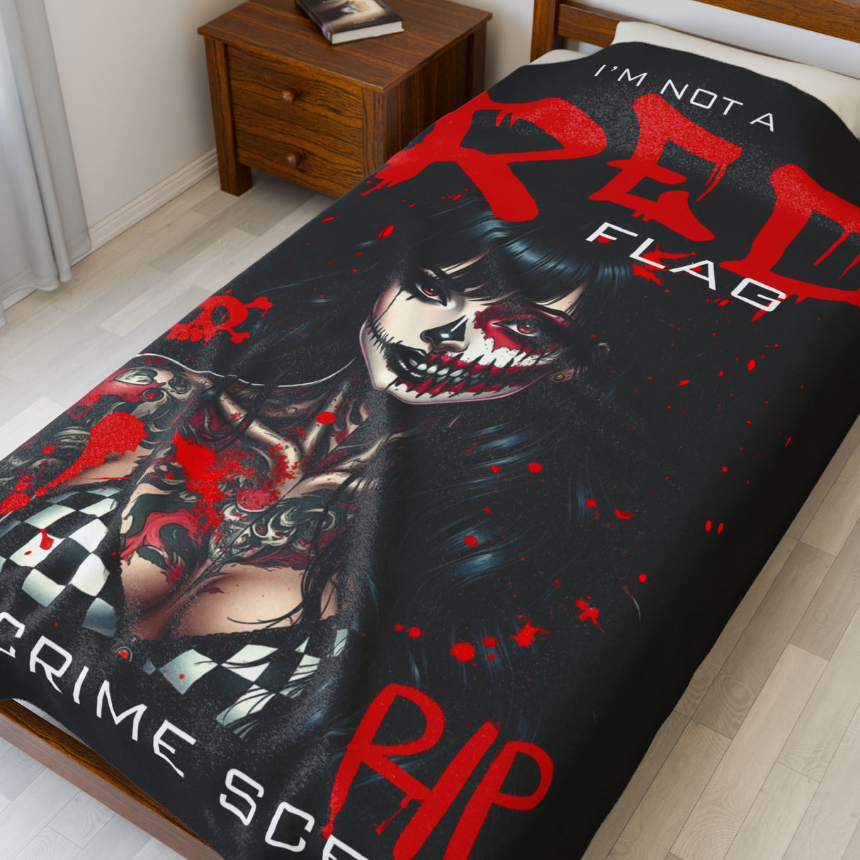 Gothic Velvet Plush Blanket - "I'm Not a Red Flag, I'm a Crime Scene" Design