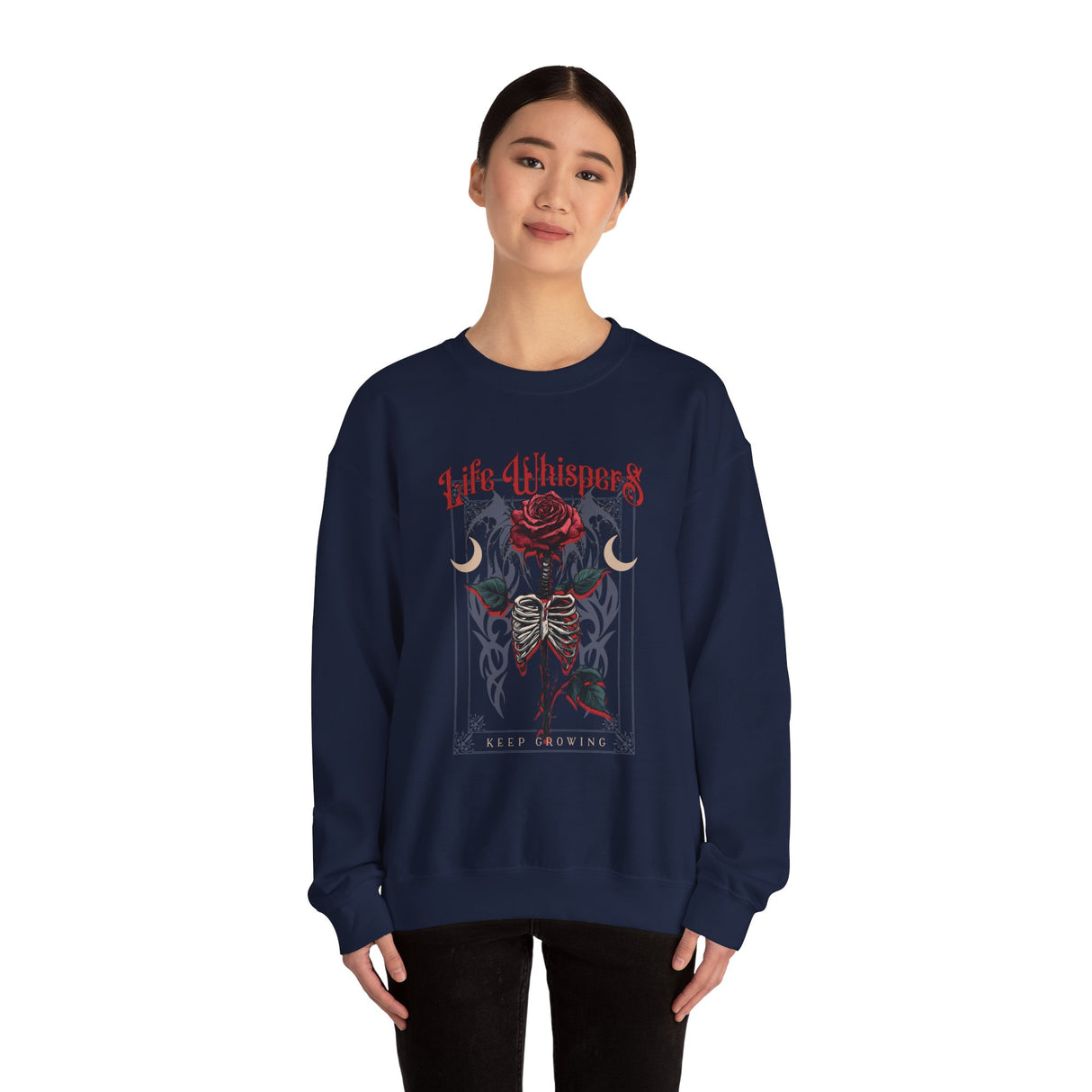 Life Whispers Keep Going Rose Skeleton Chest Crewneck Sweatshirt | Gothic Moon Graphic