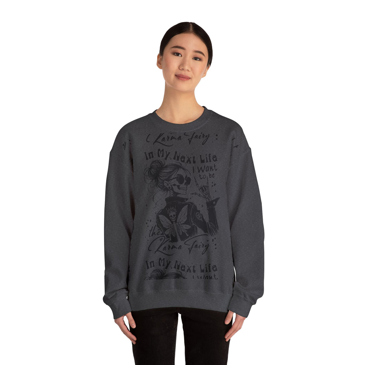 Karma Fairy Skeleton Illustration Crewneck Sweatshirt | Goth Skull Art, Boho Butterfly