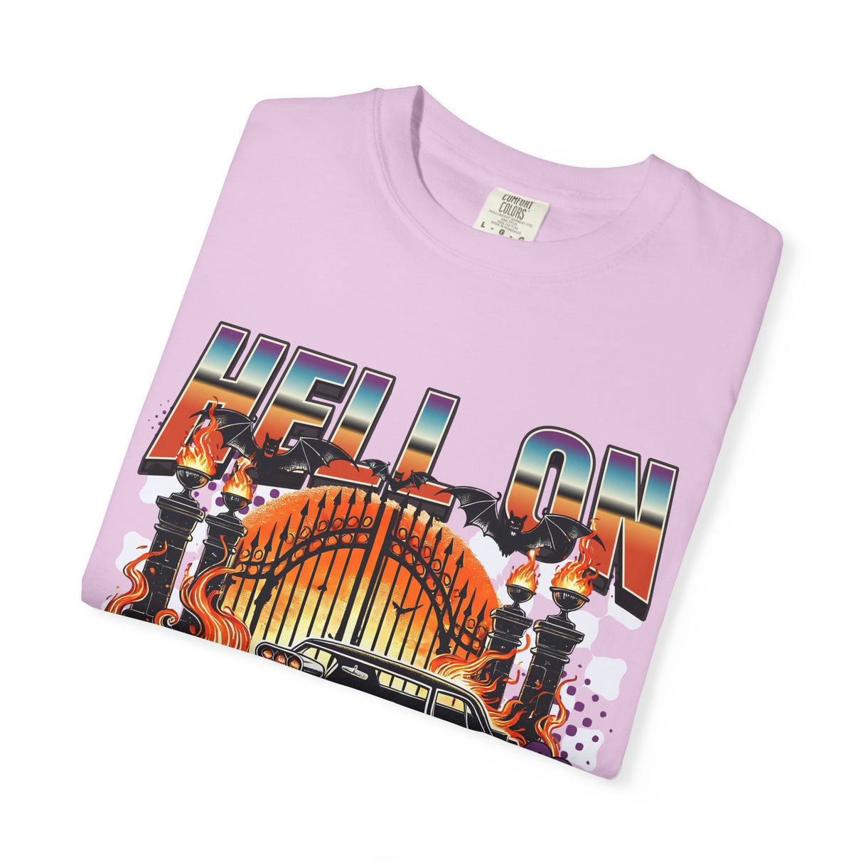 Hell on Wheels car graphic T-Shirt | vintage muscle car, gate and flames