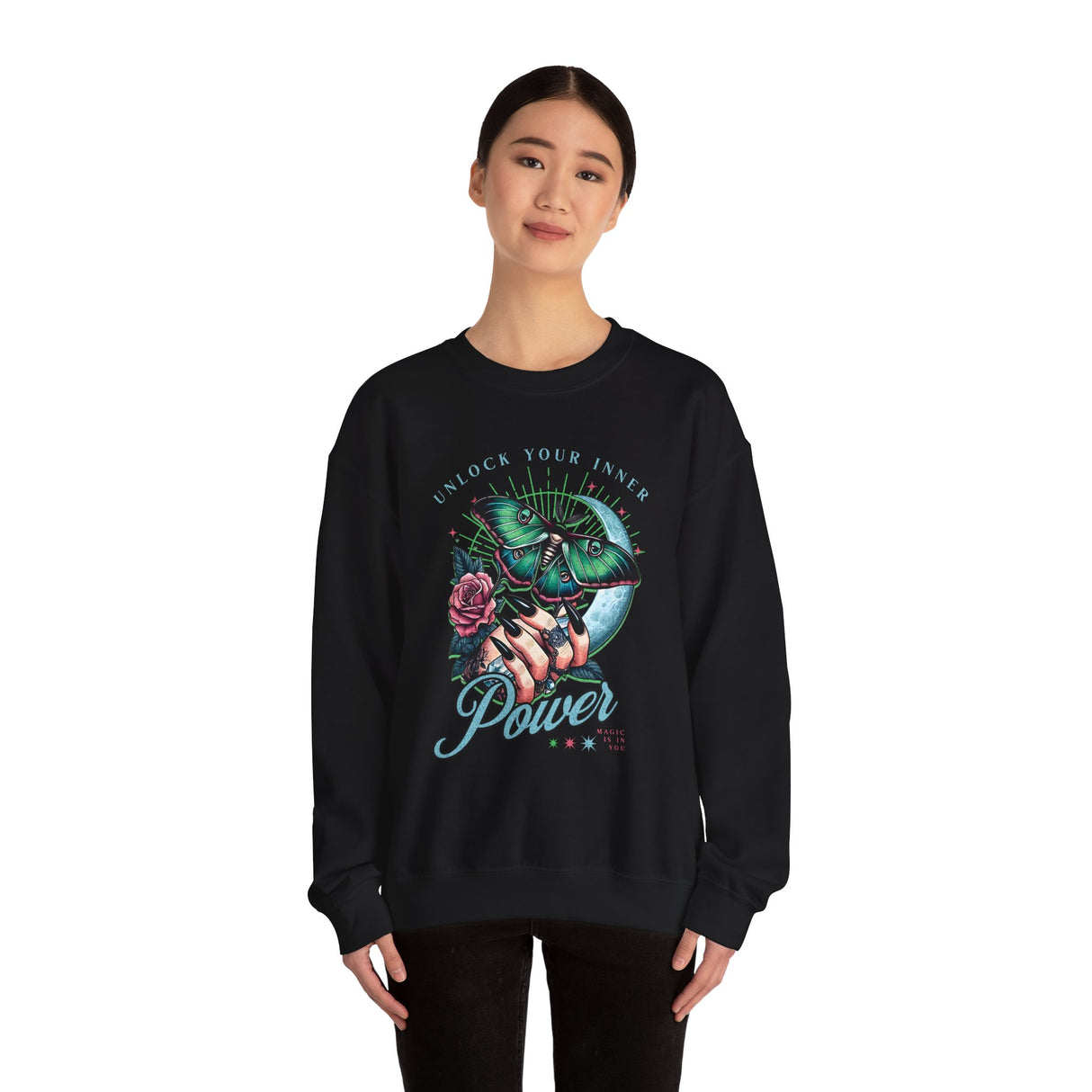 Unlock Your Inner Power crewneck sweatshirt | Moth, rose, moon illustration