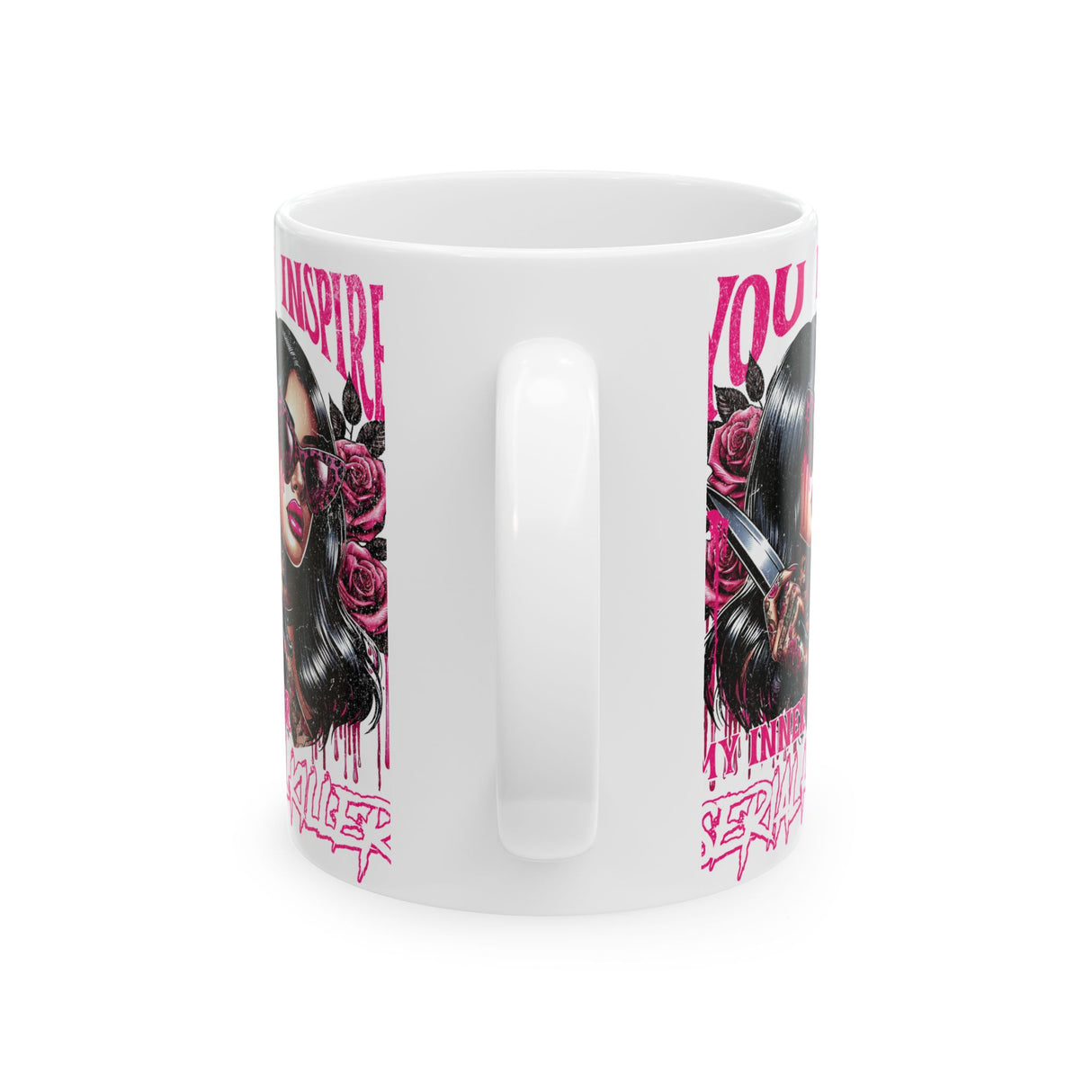 Bold Horror-Themed Ceramic Mug – "You Inspire My Inner Serial Killer" – Perfect for Halloween or Gifting