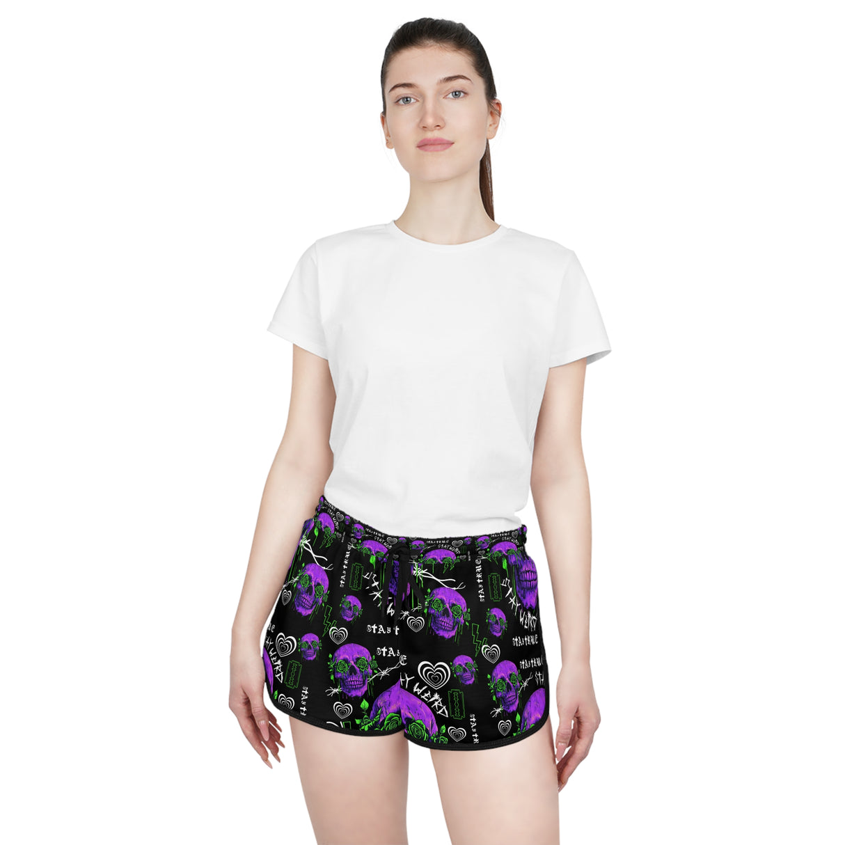 Women's Relaxed Skull Print Shorts - Stay Weird Vibe for Summer Fun