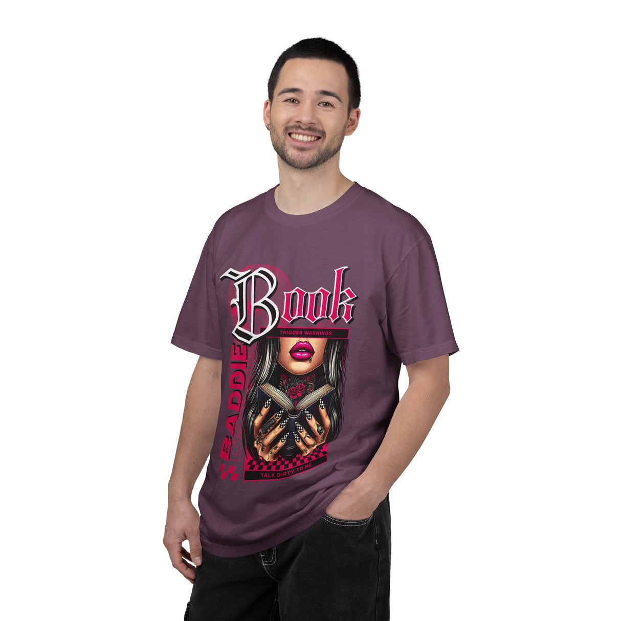 Baddie Book Graphic T-Shirt | Gothic Lip Art, Reading Girl Design