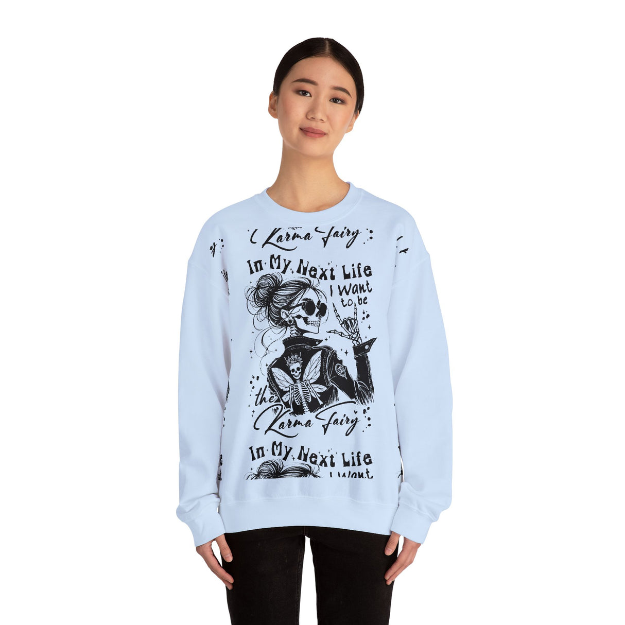 Karma Fairy Skeleton Illustration Crewneck Sweatshirt | Goth Skull Art, Boho Butterfly