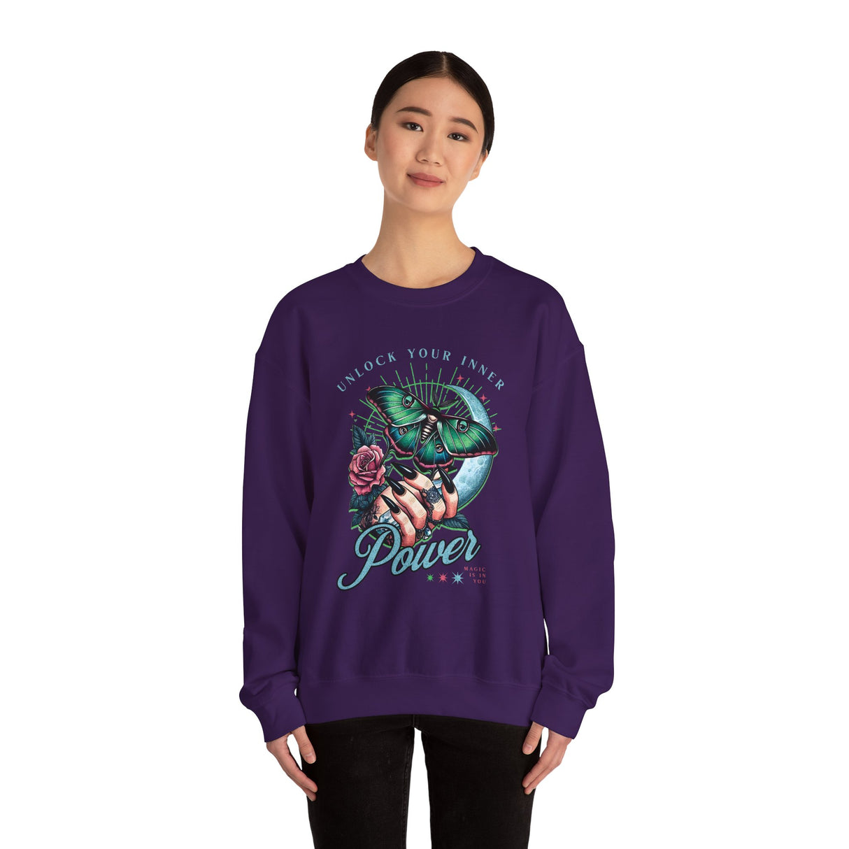 Unlock Your Inner Power crewneck sweatshirt | Moth, rose, moon illustration