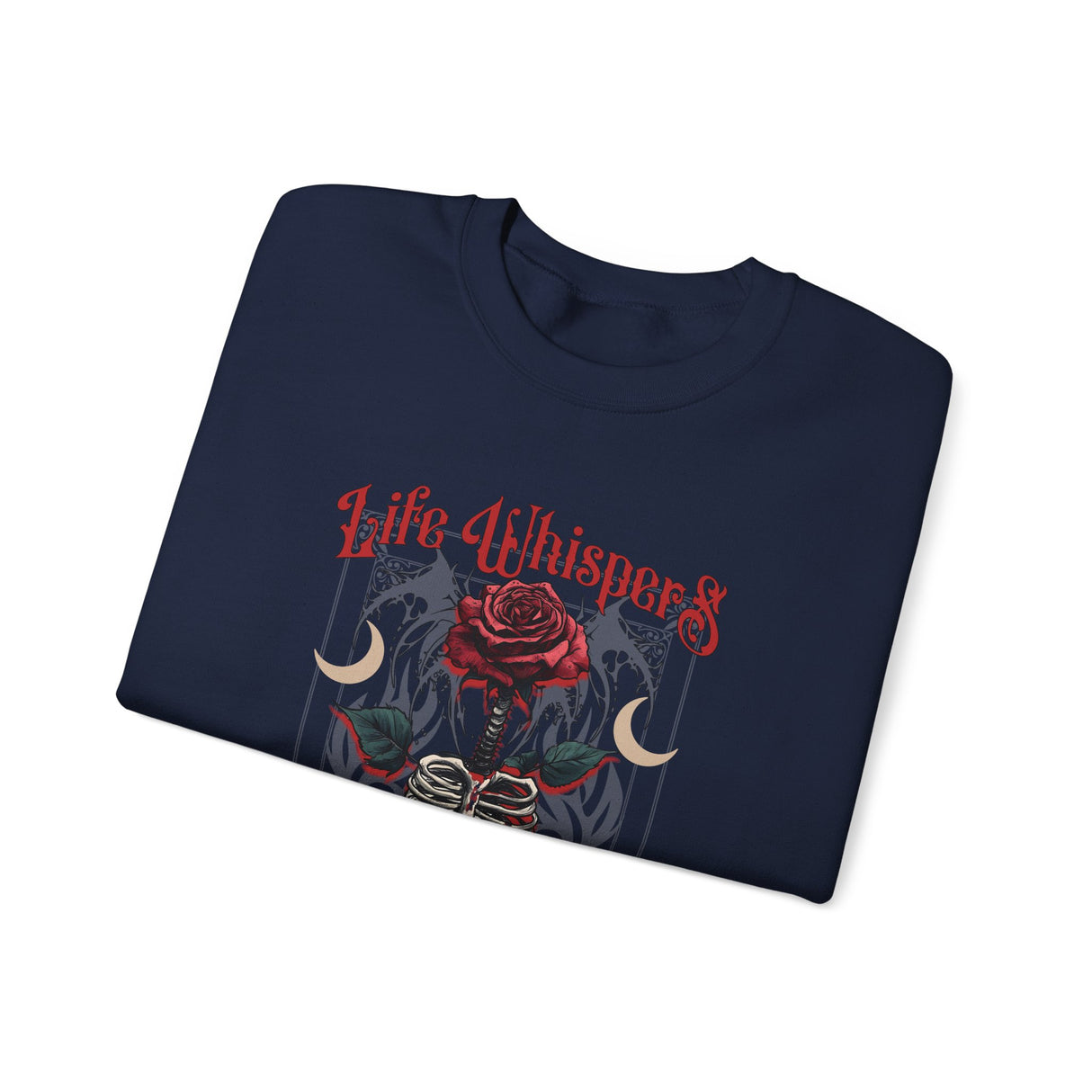Life Whispers Keep Going Rose Skeleton Chest Crewneck Sweatshirt | Gothic Moon Graphic