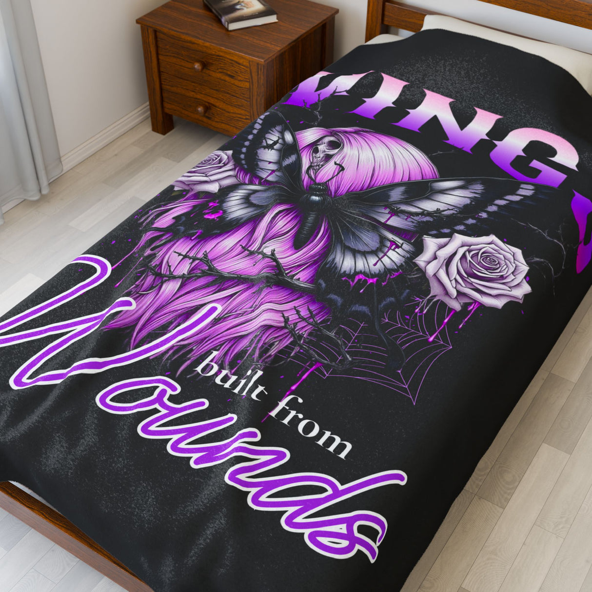 Wings Built from Wounds Velveteen Plush Blanket - Cozy Gothic Decor for Self-Love & Healing