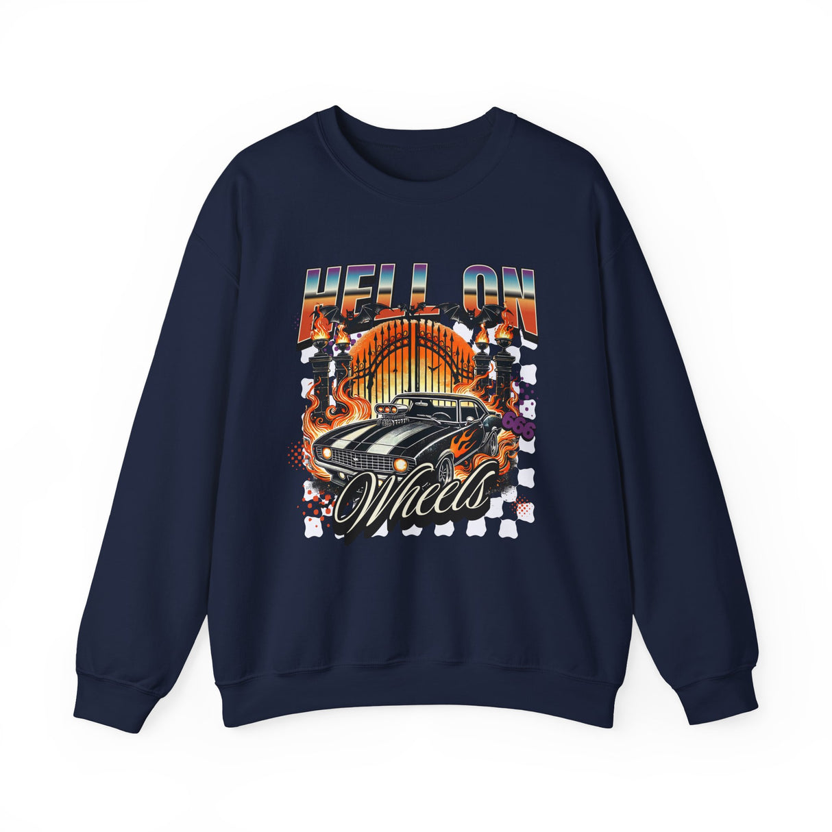 Hell on Wheels car graphic Sweatshirt | retro muscle car, flaming gates, vintage racing