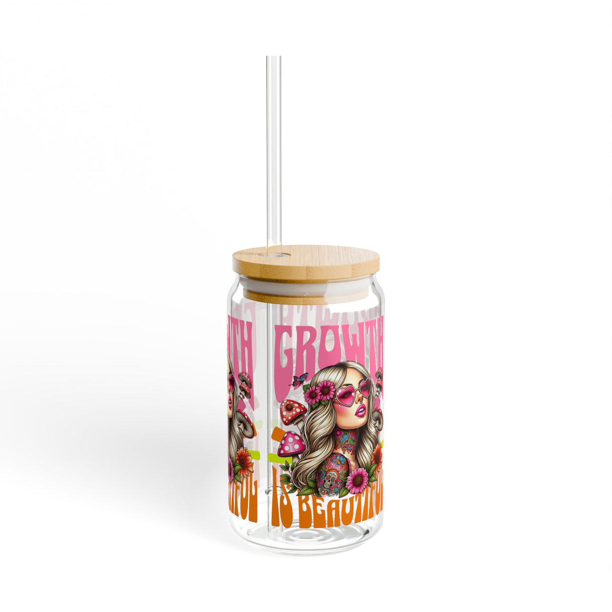*EXCLUSIVE* GROWTH IS POSITIVE - RETRO VIBES - Sipper Glass - 16oz with Tattoo-Inspired Design