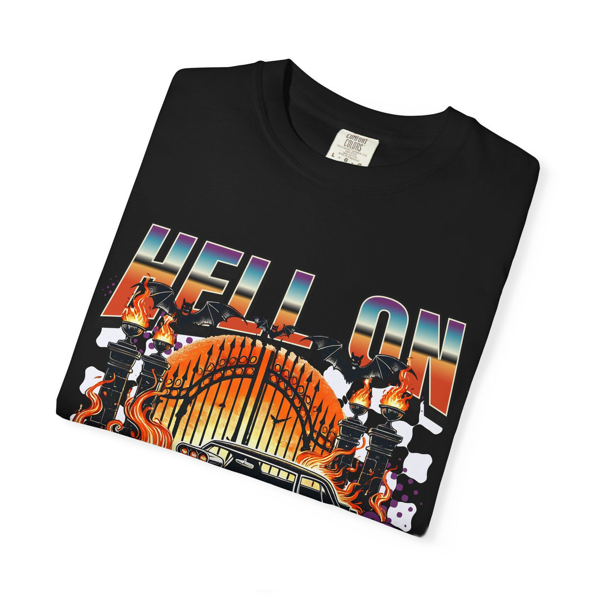 Hell on Wheels car graphic T-Shirt | vintage muscle car, gate and flames