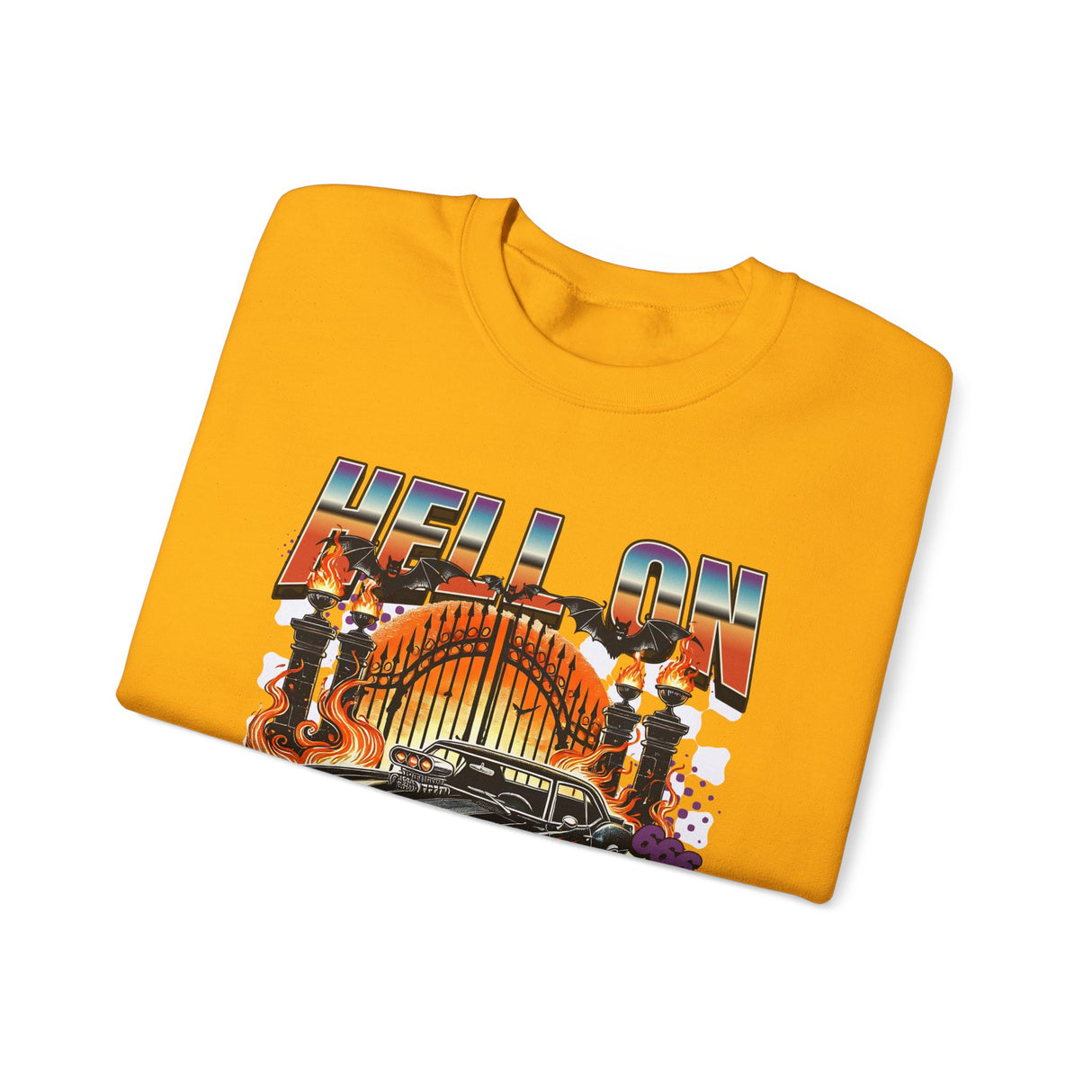 Hell on Wheels car graphic Sweatshirt | retro muscle car, flaming gates, vintage racing