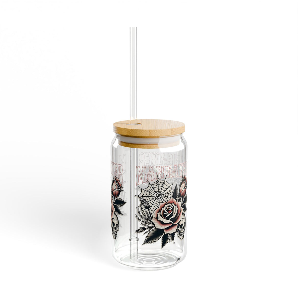 MANEATER - FLOWER AND SKULL - Sipper Glass - 16oz with Tattoo-Inspired Design