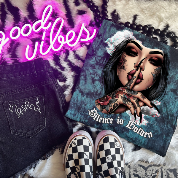 Silence is Golden Black & Green Tie Dye Shirt, Grunge, Goth, Tatted Woman T-Shirt, Tie Dye T Shirt