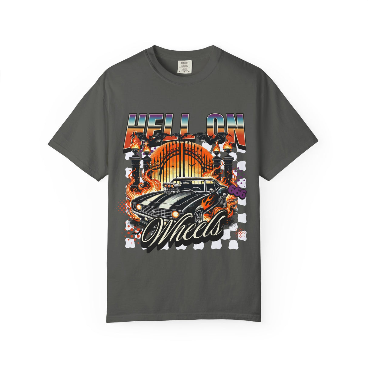 Hell on Wheels car graphic T-Shirt | vintage muscle car, gate and flames
