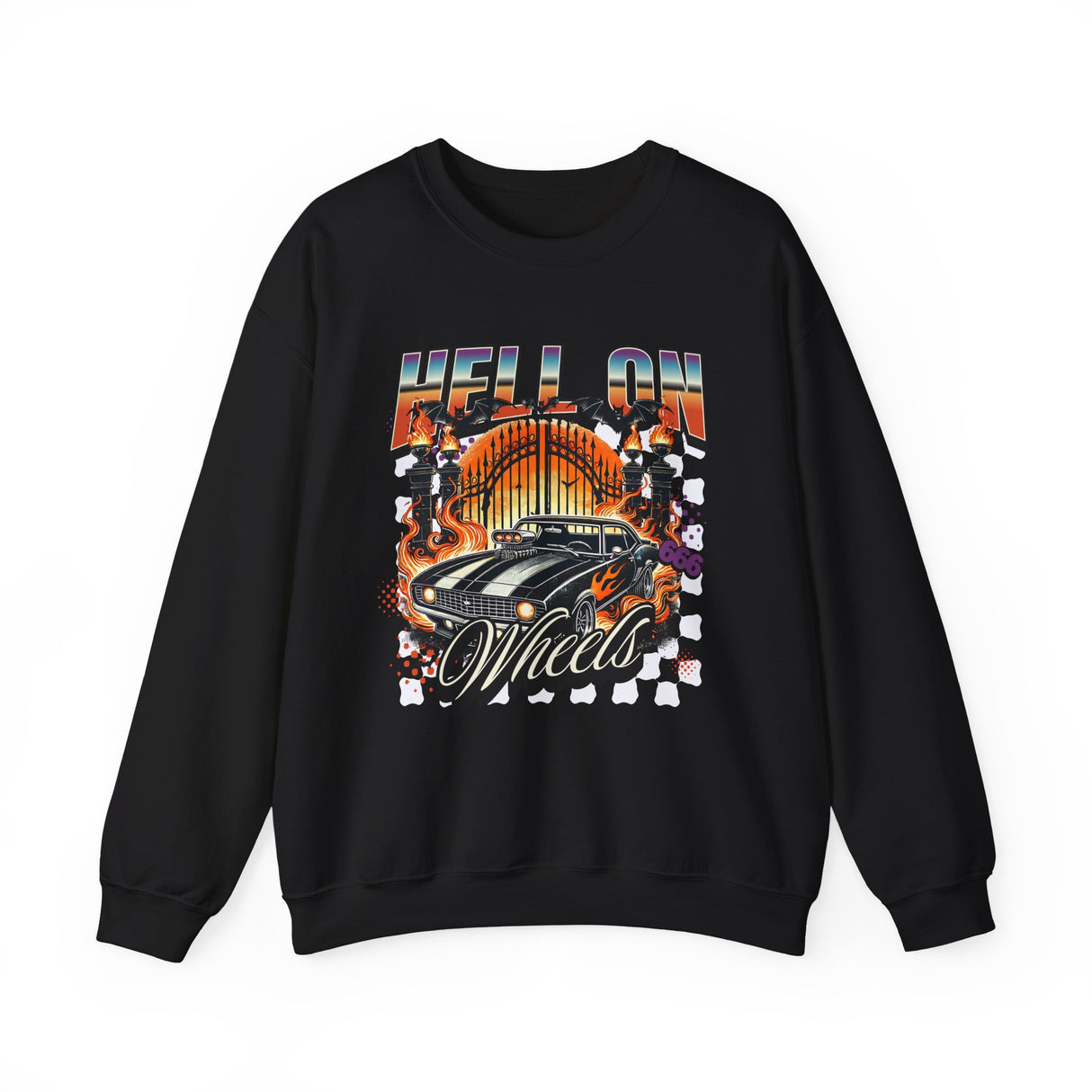 Hell on Wheels car graphic Sweatshirt | retro muscle car, flaming gates, vintage racing
