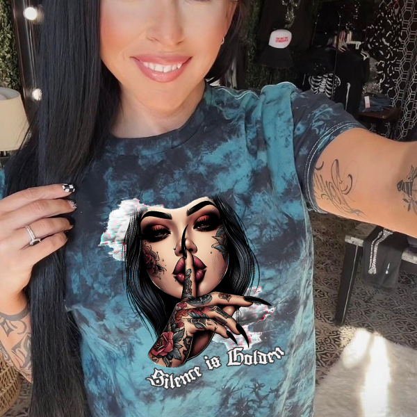 Silence is Golden Black & Green Tie Dye Shirt, Grunge, Goth, Tatted Woman T-Shirt, Tie Dye T Shirt