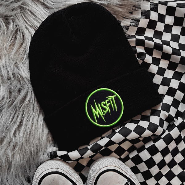 Misfit (Green Lettering) Faux Patch Black or Neon Pink Beanie