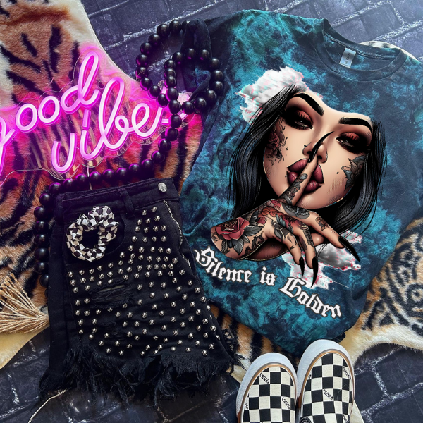 Silence is Golden Black & Green Tie Dye Shirt, Grunge, Goth, Tatted Woman T-Shirt, Tie Dye T Shirt