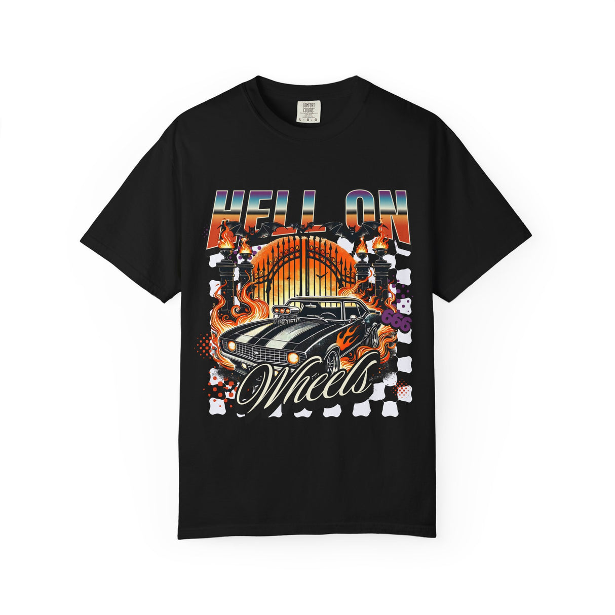 Hell on Wheels car graphic T-Shirt | vintage muscle car, gate and flames