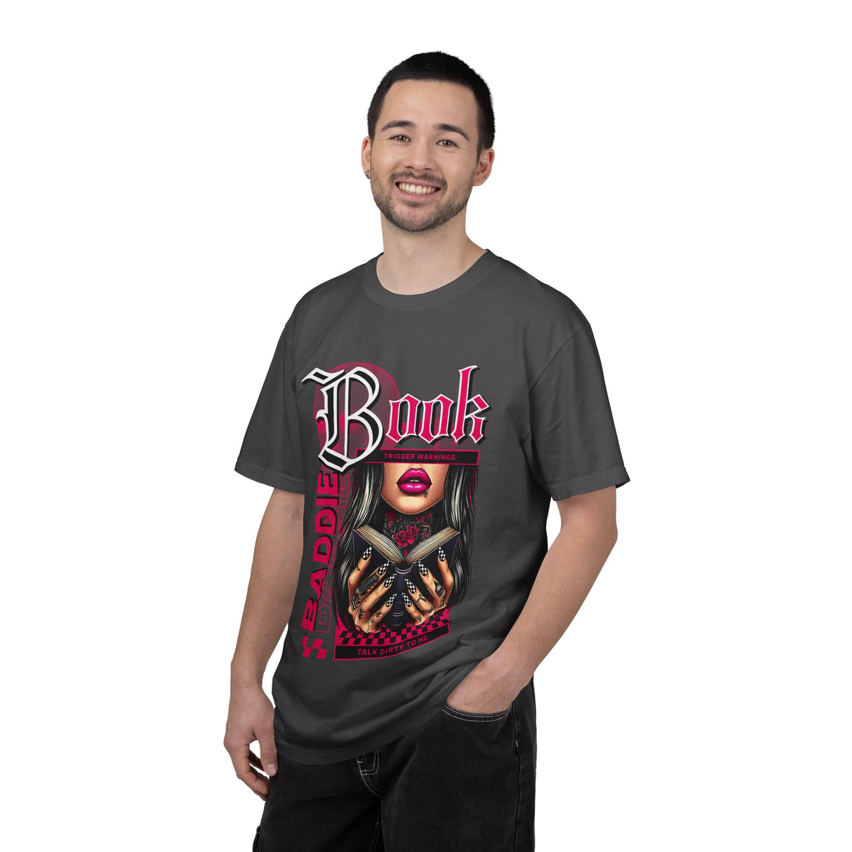 Baddie Book Graphic T-Shirt | Gothic Lip Art, Reading Girl Design