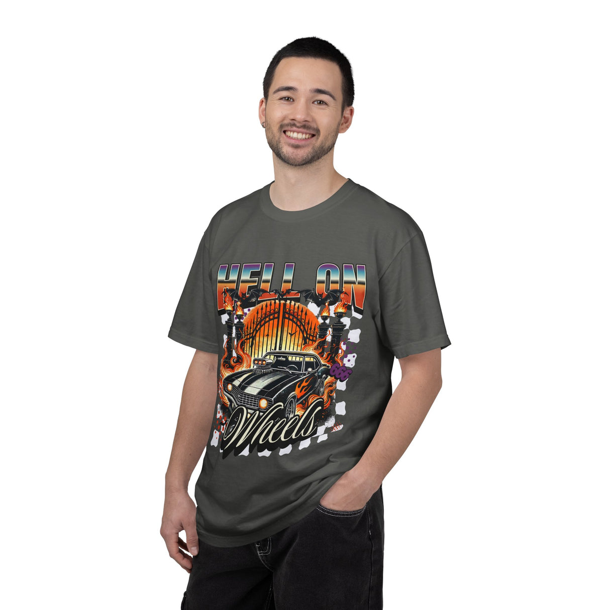 Hell on Wheels car graphic T-Shirt | vintage muscle car, gate and flames