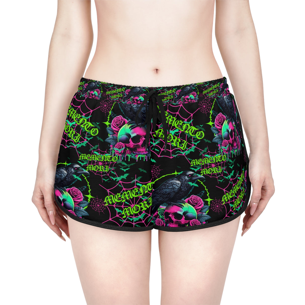 Women's Relaxed Skull Print Shorts - Memento Mori with a Raven