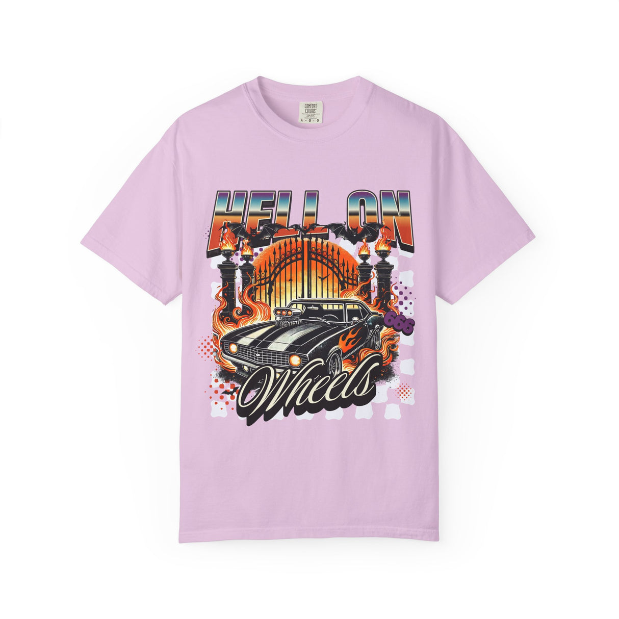 Hell on Wheels car graphic T-Shirt | vintage muscle car, gate and flames