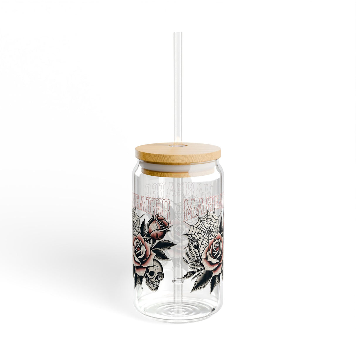 MANEATER - FLOWER AND SKULL - Sipper Glass - 16oz with Tattoo-Inspired Design