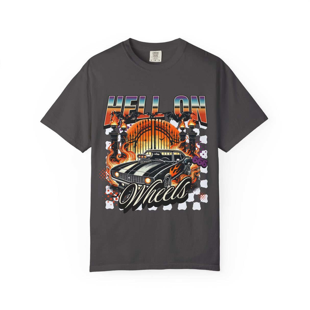 Hell on Wheels car graphic T-Shirt | vintage muscle car, gate and flames