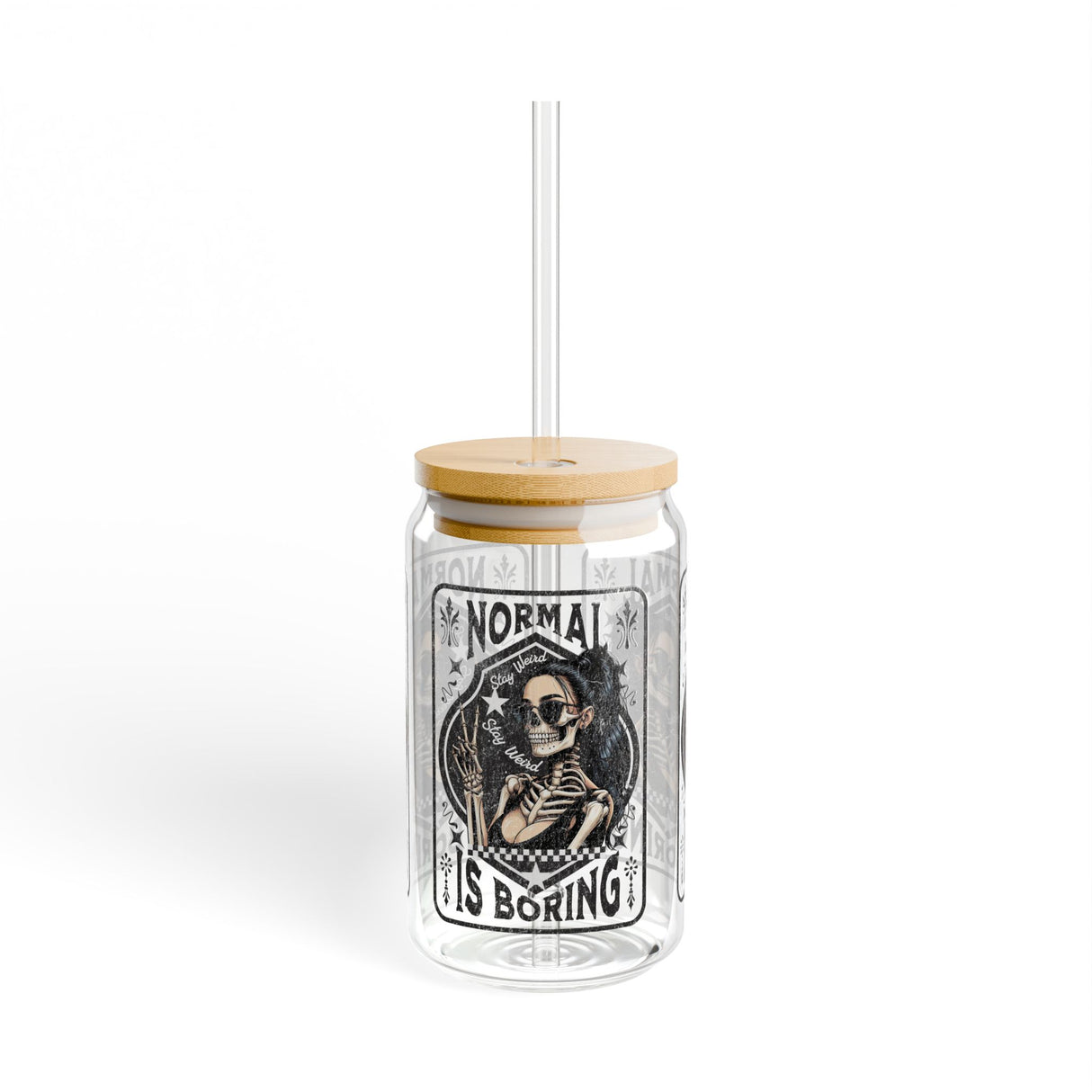 NORMAL IS BORING - STAY WEIRD - Sipper Glass - 16oz with Tattoo-Inspired Design