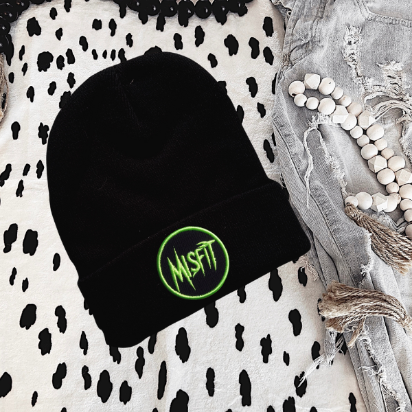 Misfit (Green Lettering) Faux Patch Black or Neon Pink Beanie