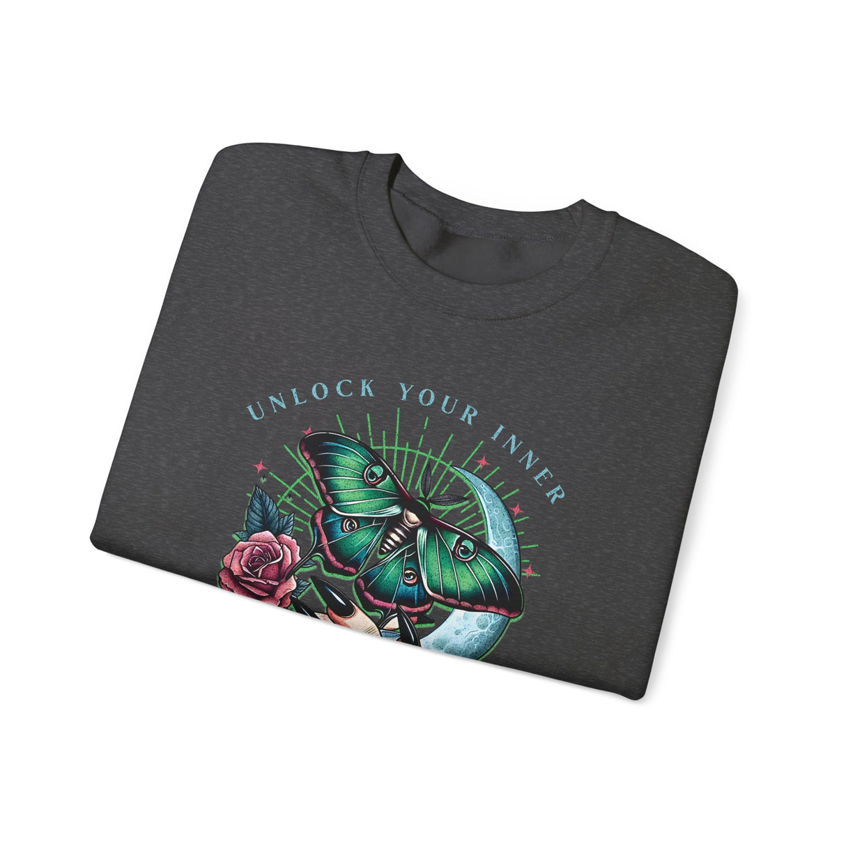 Unlock Your Inner Power crewneck sweatshirt | Moth, rose, moon illustration