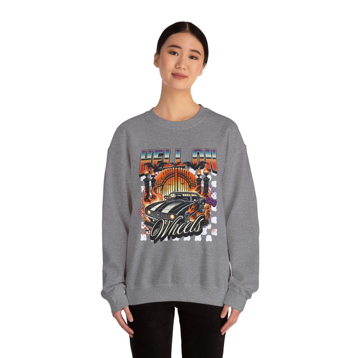 Hell on Wheels car graphic Sweatshirt | retro muscle car, flaming gates, vintage racing